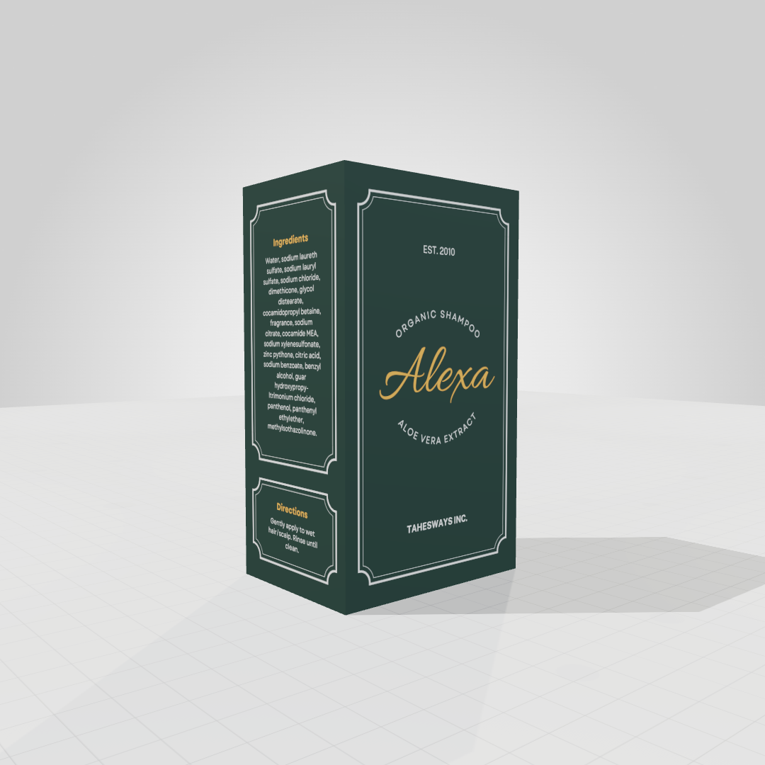 Aloe Vera Organic Shampoo Box Mockup: Customize Box Dimensions & Create Realistic Packaging Mockups with 3D Generator