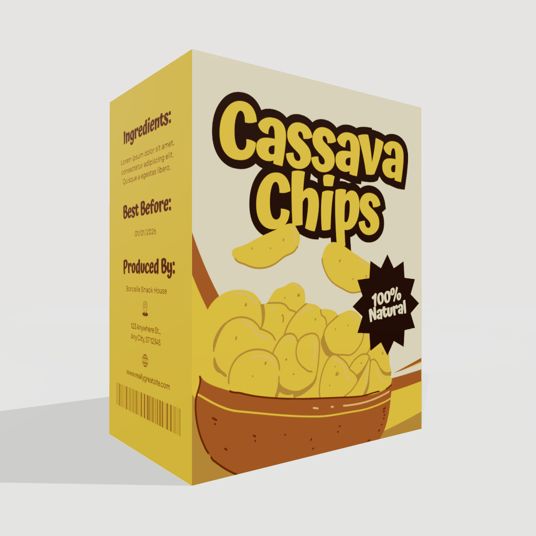 Create Stunning Cassava Chips Packaging with 3D Box Mockup Generator | Professional Box Mockups Online
