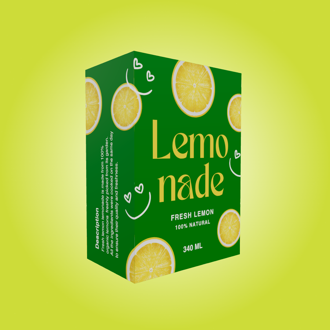 Refreshing Lemonade Packaging Design: Use 3D Box Mockup Generator to Customize Box Dimensions & Create Realistic Packaging Mockups