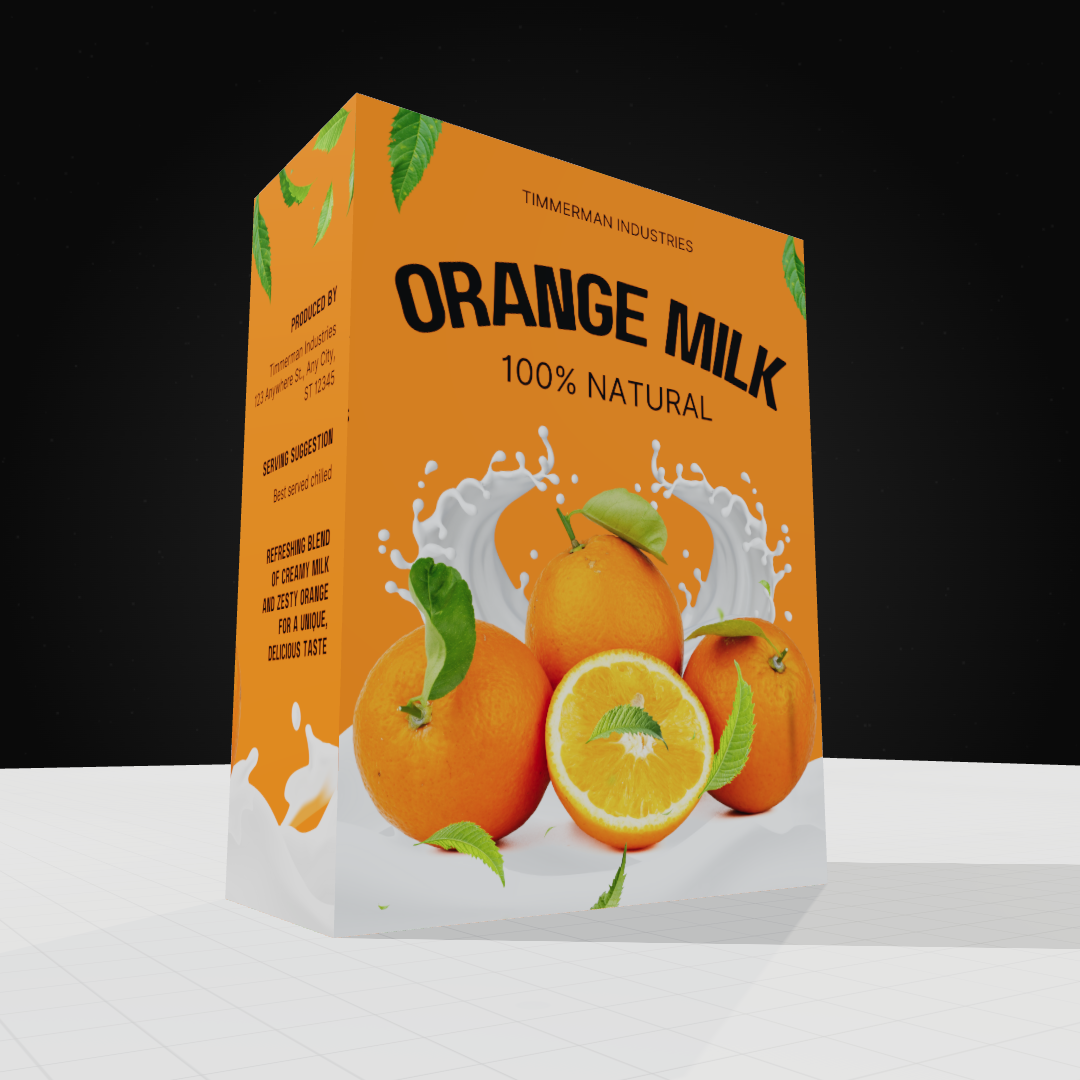 Create Realistic Packaging Mockups: Orange Milk 3D Box Design with Custom Dimensions | Free Mockup Generator
