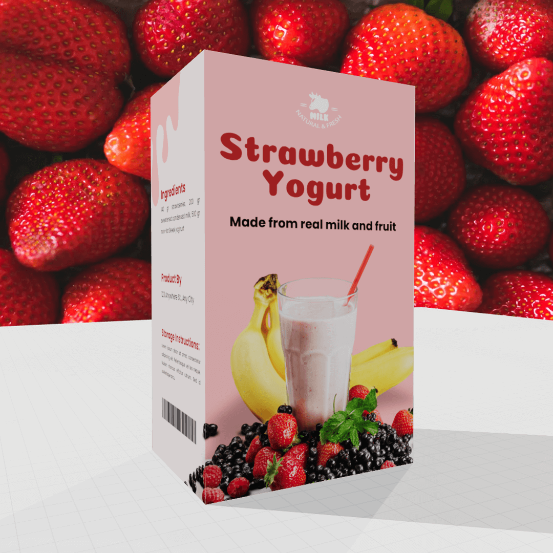 Create Realistic Packaging Mockups: Strawberry Yogurt 3D Box Design with Custom Dimensions | Free Mockup Generator
