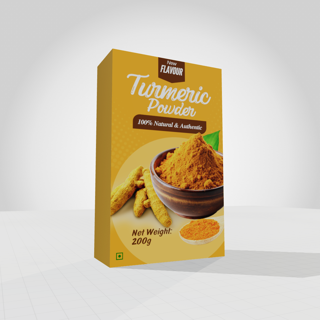 Brand Mockup 3D – Turmeric Powder Packaging Box Design